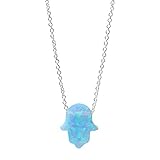 Light Blue Opal Hamsa Hand Necklace - 16 inch Link Chain