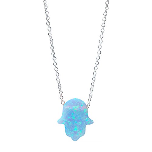 Light Blue Opal Hamsa Hand Necklace - 16 inch Link Chain