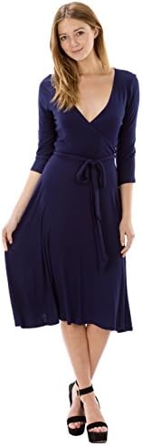 Auditions Women's Wrap Dress A Line Fit and Flare 3/4 Sleeve V Neckline Dress (S, NAVY)