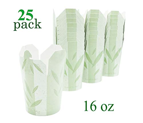 Takeout Paper Food Container - Pint 16 oz - Pack of 25 boxes - Green Leaves Print - Microwaveable - Disposable