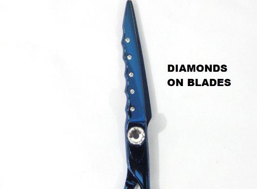 ZZZRT ZD-4444 6" J2 Japanese Steel Professional Razor Edge Titanium Hairdressing Scissor Shear Diamonds Coated Blue + FREE Scissor Pouch & Free Scissor Lubricant and Scissor Insert Rings