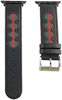DAZE Nylon and Leather Bands Replacement for Apple Watch with Green and Red Striped Wristband for iWatch Series 4/3/2/1 (Black, 42mm/44mm)