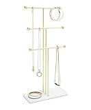Umbra Trigem Hanging Jewelry Organizer – 3 Tier Table Top Necklace Holder and Display, White/Brass (Renewed)