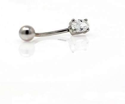 14k White Gold Rhodium Plated Belly Button Ring w/ Oval CZ