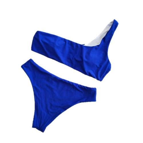 Mnyycxen Women Solid One Shoulder Sports Tankini Set Padded Bikini Swimwear Bathing Beachwear Blue