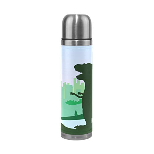 Green Godzilla Dinosaur Water Bottle Sports Drink Flasks Travel Mug Stainless Steel PU Leather Double Wall Vacuum Thermos Insulated Cup Christmas Birthday Gifts for Kids/Friends/Family
