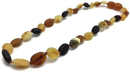 11 inch Raw Multi Rainbow Cherry Lemon Honey Bean Olive Baltic Amber Teething Necklace Infant Baby Drooling Teething Pain Growing pains Certified Baroque Round Twist-in Screw Clasp