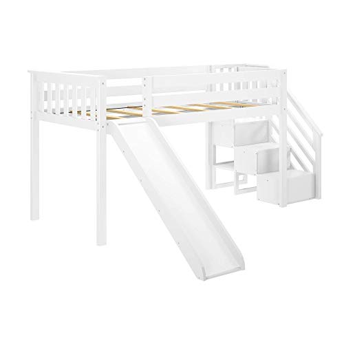 Max & Lily Low Loft Bed, Twin Bed Frame For Kids With Stairs and Slide