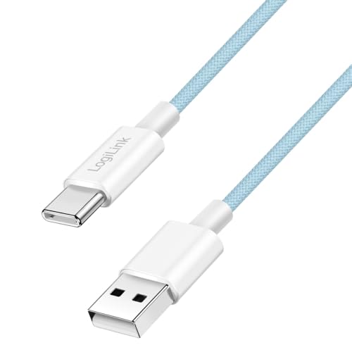 Câble de raccordement USB 2.0 type C, A (mâle) vers C (mâle) avec gaine en nylon, 60 W, bleu, 1 m