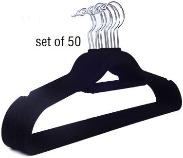 Aotuno Premium Quality Space Saving Velvet Hangers Strong and Durable Hold Up To 12 Lbs - 360 Degree Chrome Swivel Hook，No-Slip, Best For Dresses, Suits & Shirts - Black, Set of 50