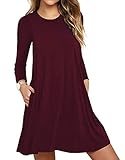 Women's Casual Plain Simple T-shirt Loose Pocket Dress With Pockets Wine Red X-Large