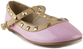 QQ Girls Kids Dolly36 Designer T-Strap Studded Flats, Pink, 3