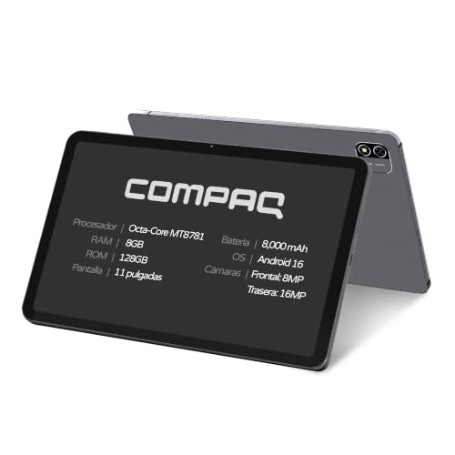 Compaq Tablet QTab Plus LTE 11 Pulgadas, Android 16, 8GB RAM 128GB ROM, 4G LTE, Procesador Octacore MT8781, Cámara 16MP, Batería 8000mAh, WiFi, Color Negro