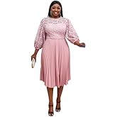 AOMEI Women's Elegant Lace Patchwork A-line Midi Pleated Hollow Out Lantern Sleeve Dress