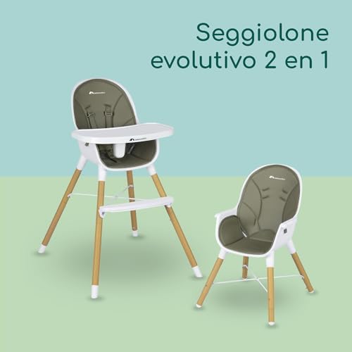 Avista seggiolone pappa evolutivo che si trasforma in sedia bambino, con imbottitura e vassoio, dai 6 mesi, portata 30 kg, Mineral Green