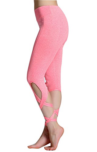 OVESPORT Women Yoga Leggings High Waist Workout Dance Pants with Ballet Ribbon (2088S, Pink) - Thumbnail 5