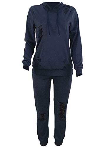 Women Casual Ripped Hole Pullover Hoodie Sweatpants 2 Piece Sport Jumpsuits Outfits Set (Navy, XXXL) - Thumbnail 2