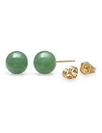 14k Yellow Gold Natural Green Jade Round Stud Earrings