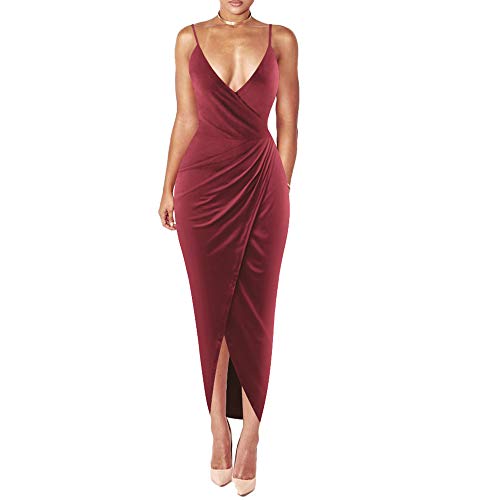 YS.DAMAI Women's Sexy V Neck Spaghetti Strap Bodycon Sleeveless Wrap Dress Front Slit Bandage Midi Club Dresses (Small, Z Wine Red)