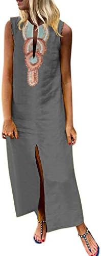 PENGYGY Woman Printed Sleeveless Skirt Casual V-Neck Maxi Dress Ladies Split Hem Baggy Long Dress