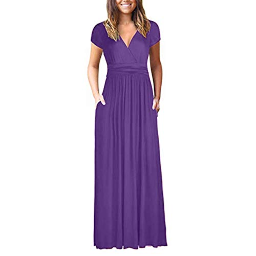 Kiasebu Womens Short Sleeve V-Neck Wrap Waist Casual Evening Summer Long Maxi Dress for Women Purple