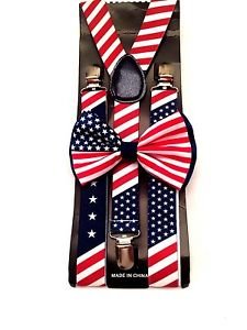 New American Flag Suspender and BOW TIE Matching SET Tuxedo Wedding Suit