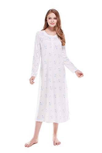 Keyocean Nightgowns for Women All Cotton Long Sleeves Soft Long Women Lounge-wear Sleepwear, White, Small