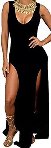 Mosearon Women Fit Slim Sexy Deep U Neck Sleeveless Side Slit Casual Bandage Club Beach Maxi Dress (One Size, Black)