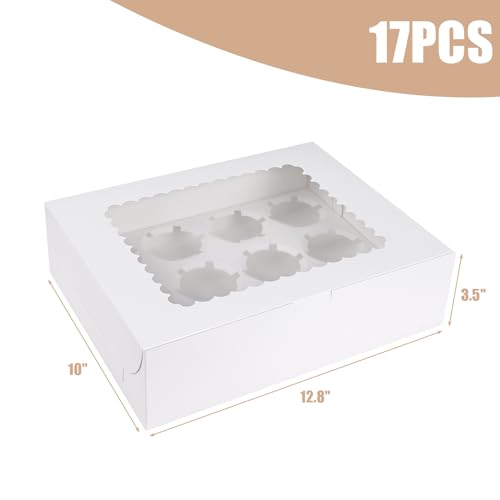 VGOODALL 17PCS Cupcake Container, 12 Count with Window Boxes Holding Pastry Box White Bakery Box for Birthday Holiday Party Supplies
