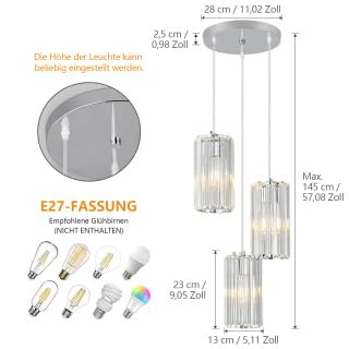 ZPBSJ Chrome Crystal Chandelier, Hanging Dining Room Lamp, Nightstand Lamp, Height Adjustable Flexible Chandelier, Ideal for Dining Room, Living Room and Kitchen Islands (3 Lights)