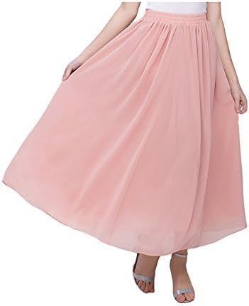 Women's Long A Line High Elastic Waist Swing Chiffon Pleated Midi Skirt