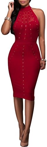 Synen Women's Mesh Rivets Sleeveless Bodycon Vintage Cocktail Dresses (XS, Red)