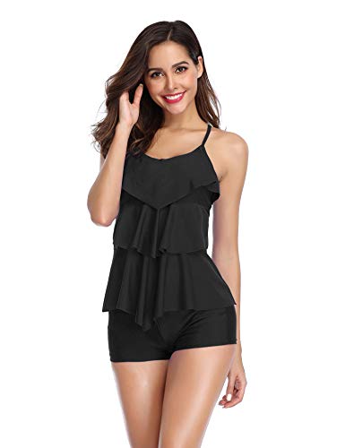 LALAVAVA Women's Two Piece Swimsuit Polka Dot Flounce Printed Tank Top with Boyshorts Bottom Tankini Set (Black, XX-Large) - Thumbnail 4