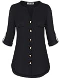 Finice Button Down Tunic Womens Tops Stand Banded Collar Round Neck 3 Quarter Rolled Up Sleeve Button-up Loose Fit Daily Wear Chiffon Shirts and Blouses Black XXL