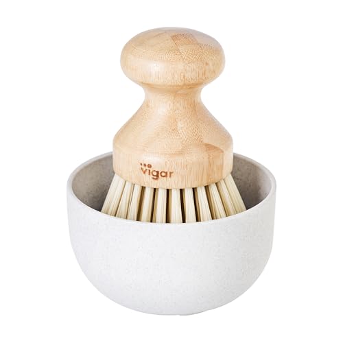 VIGAR Set with Brush, Tray and Soap Dispenser, Grey, Bamboo, 9 x 9 x 12 cm
