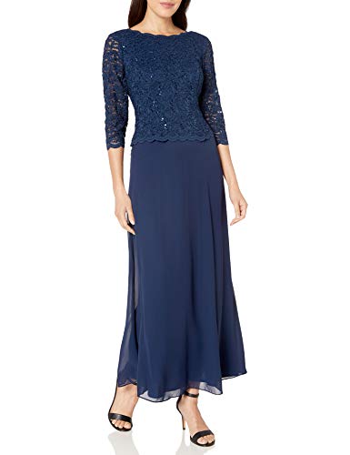 Alex Evenings Women's 3/4 Sleeve Stretch Lace Bodice One Piece Mother of the Bride Dress, Navy, 16P - Thumbnail 7