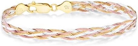 Miabella Tri-Color 18K Gold Over 925 Sterling Silver Italian 6-Strand 7mm Braided Herringbone Chain Bracelet for Women Teen Girls 6.5, 7.25, 8 Inch Italy Miabella Tri-Color 18K Gold Over 925 Sterling Silver Italian 6-Strand 7mm Braided Herringbone Chain Bracelet for Women Teen Girls 6.5, 7.25, 8 Inch Italy