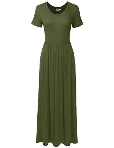 danibe Women's Short Sleeve Long Maxi Loose Casual Dress with Pockets Olive L at Amazon