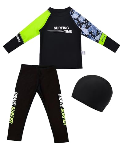 SEAUR Boys Swimsuits 3 Piece Long Sleeve Rash Guard Swimsuit Set Swimwear Bathing Suit Quick Dry Sun Protective Bathing Set for Kids Training Beach