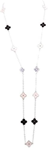 Rhodium Plated, Black and White Enamel Clover Statement Necklace, Approx. 40” Long