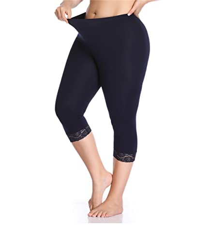 Kotii Women's Plus Size Leggings Lace Trim Capri Leggings Plus