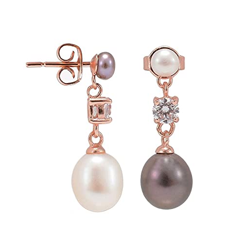 Jo & Co. Sterling Silver Rose Gold Plated Mismatched Peacock Black and White Pearl Stud and Drop Earrings, With Cubic Zirconia, For Pierced Ears, Packaged, Some Variation in Tone May Occur