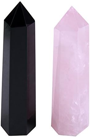 Set of 2 Specimen Tumbled Polished Healing Crystal Wands 6 Faceted Reiki Chakra Meditation Therapy Stones Include About 3 Inch Rose Quartz Crystal Points & Black Obsidian