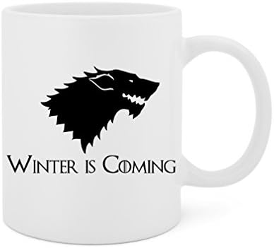 Winter Is Coming Direwolf (GOT) - 11 Oz White Ceramic Glossy Mug With Large C-handle (Microwave and Dishwasher Safe)