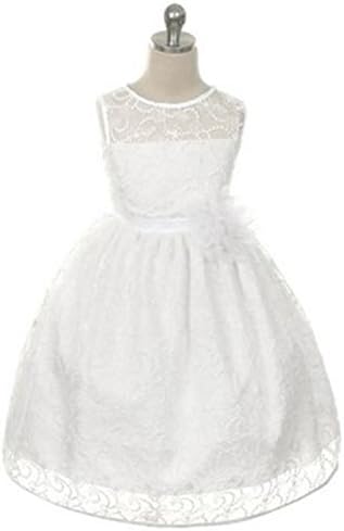 Satin Lining and Floral overlay Lace Flower Girl Dress - White - Child12-13yrs