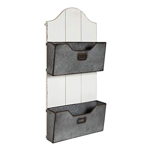 Kate and Laurel Trimble Wood and Galvanized Metal 2-Pocket Wall Organizer, 14 x 30, Whitewash