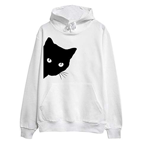 COM1950s Womens Sweaters Long Sleeve Cat Print Hoodie Sweatshirt Hooded Pullover Tops Blouse Sweaters