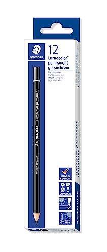 STAEDTLER 108 20-9 Lumocolor Permanent Glasochrom Dry Marker Pencil - Black (Pack of 12)