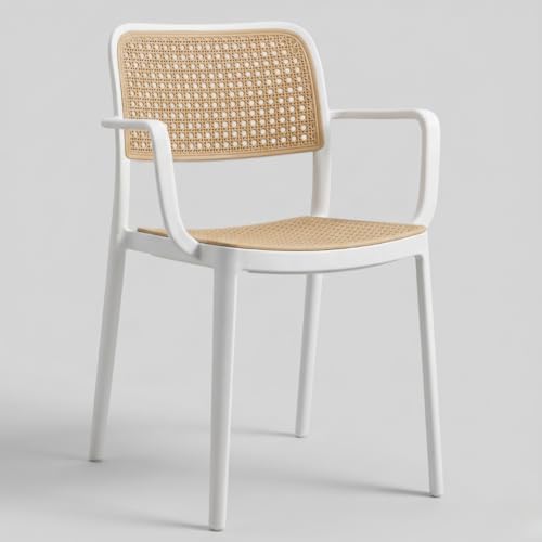 MARCOLO Rattan Chair with Arms, Outdoor Plastic Dining Chair, Weather & UV Resistant Patio Armchair for Balcony, Garden, Kitchen & Indoor Outdoor Use, White, 41x56x82cm