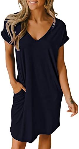 BTFBM Women V-Neck Short Sleeve Solid Color Casual Loose Fit T-Shirt Tunic Dress Pajamas